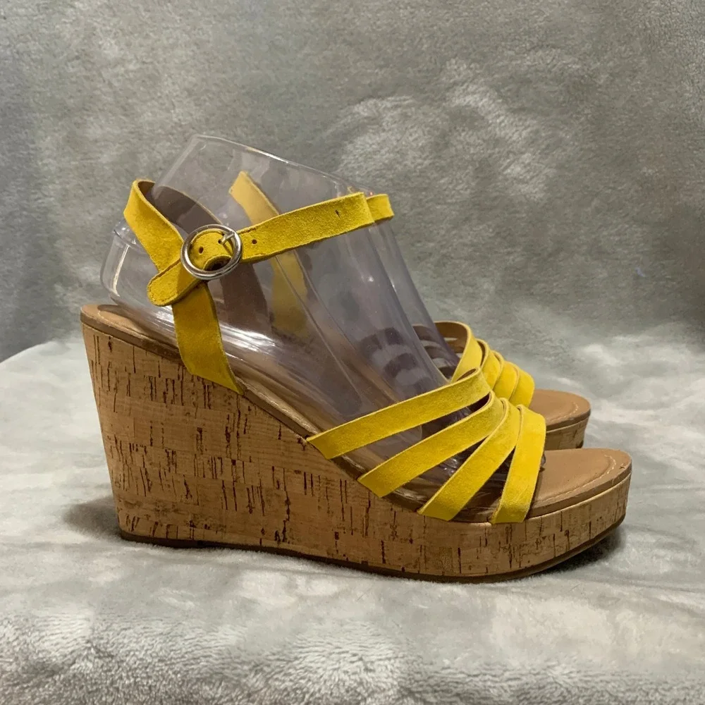 Franco Sarto‎ Crisania Yellow Suede Cork Wedge Sandals Womens 9 Platform Strappy